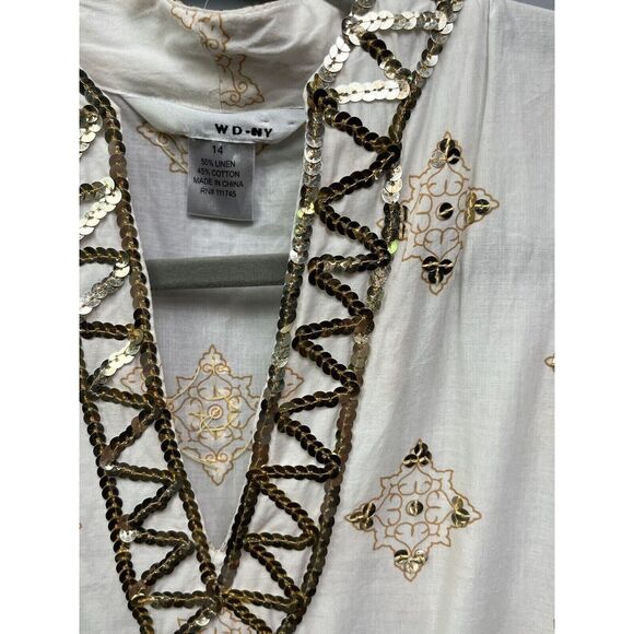 WDNY Top Womens size 14 beaded sequin linen blend tunic Boho Festival Artsy - Picture 4 of 6